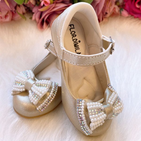 Sapatilha Flor Di Mila Dourado Laço Perolas