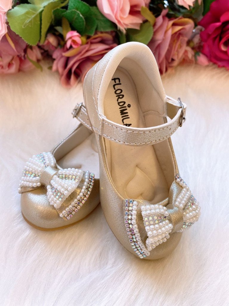 Sapatilha Flor Di Mila Dourado Laço Perolas