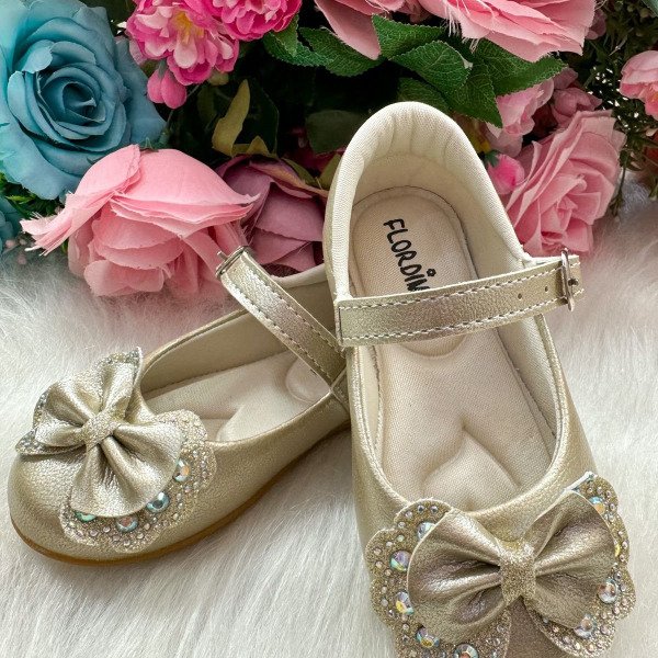 Sapatilha Flor Di MIla Baby Dourado lacinho Strass