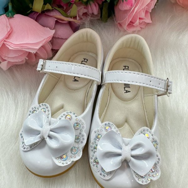 Sapatilha Flor Di MIla Baby Branco lacinho Strass