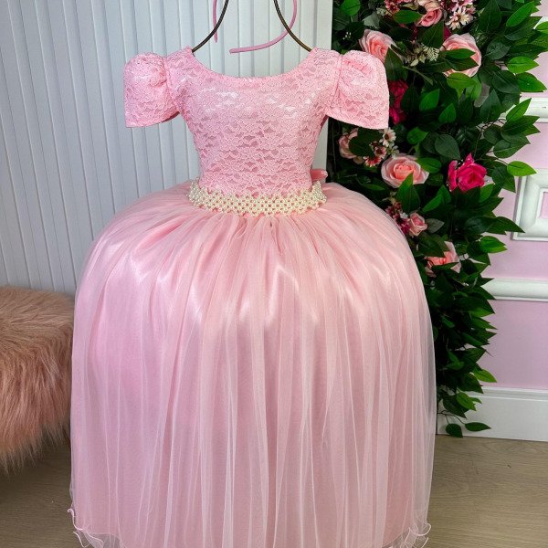 Vestido Enjoy Longo Laura Rosa Bebê Rendado