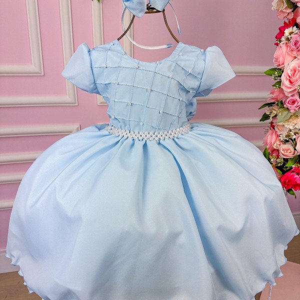 Vestido Ysa Kids Azul Bebe Peito Perolas