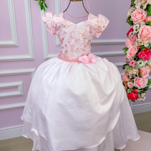 Vestido Lorenzetti Longo Rosa Bebe Peito Rendado