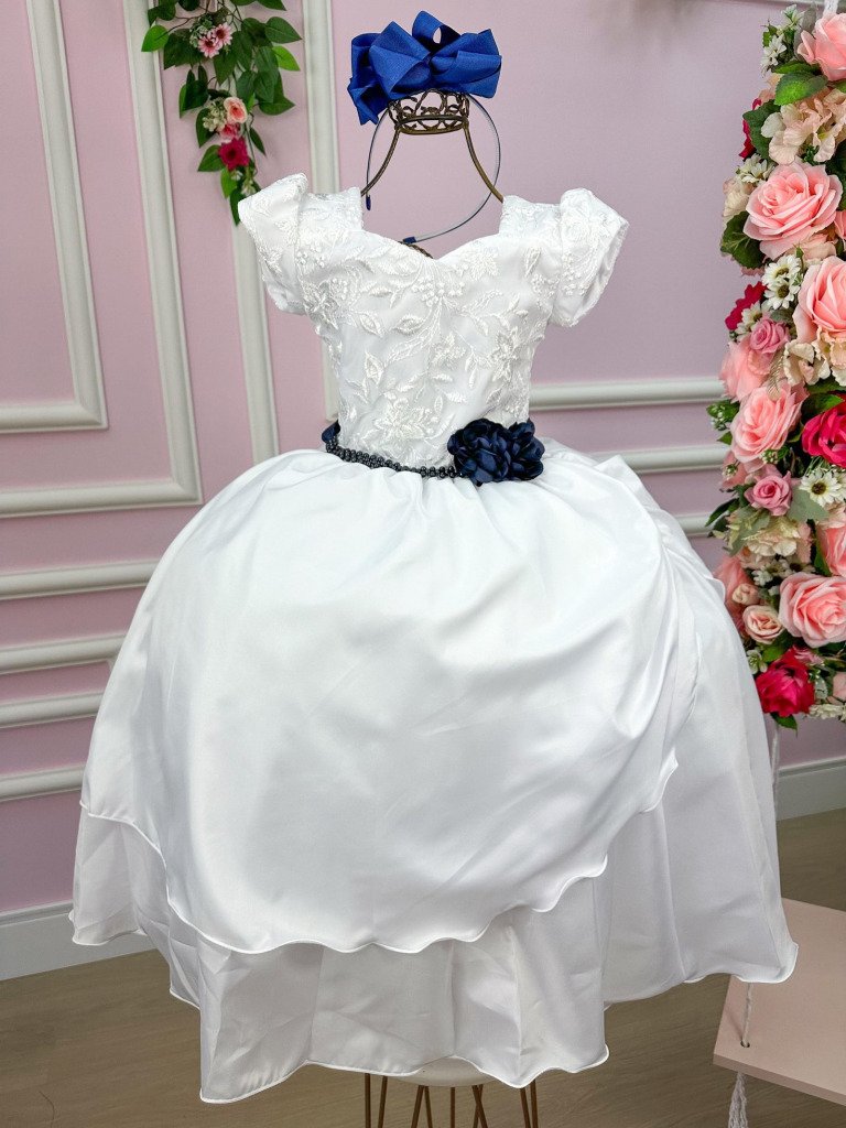 Vestido Lorenzetti Longo Branco Peito Rendado Cinto Azul Mar