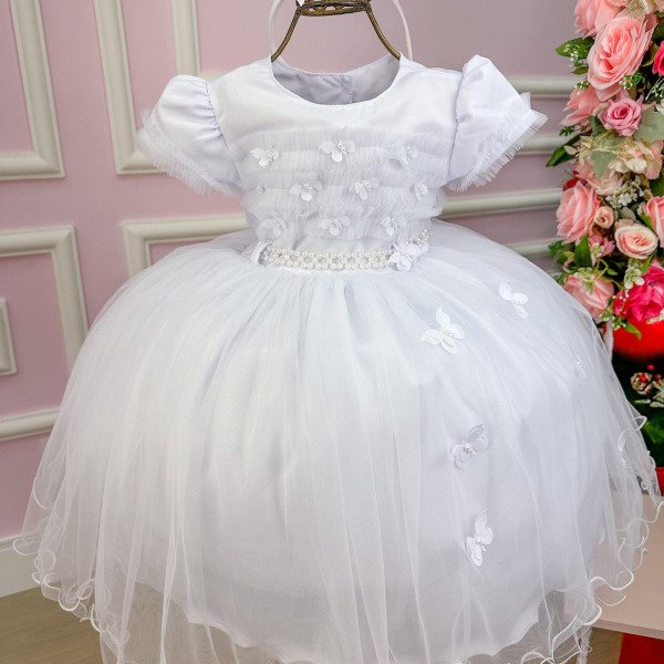 Vestido Menina Bonita Branco Borboletas Peito Tule