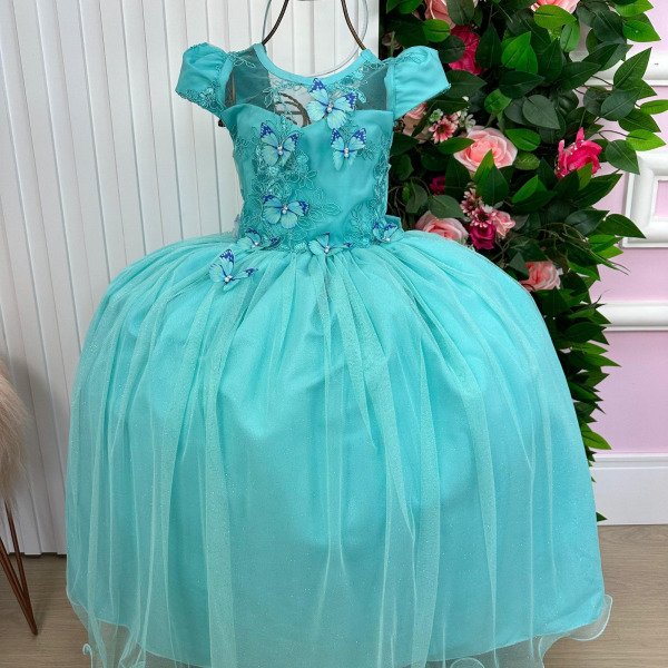 Vestido Vila Lele Longo Jardim Encantado Borboletas Verde Ti