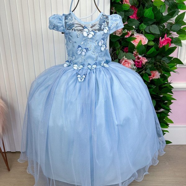 Vestido Vila Lele Longo Jardim Encantado Borboletas Azul Beb