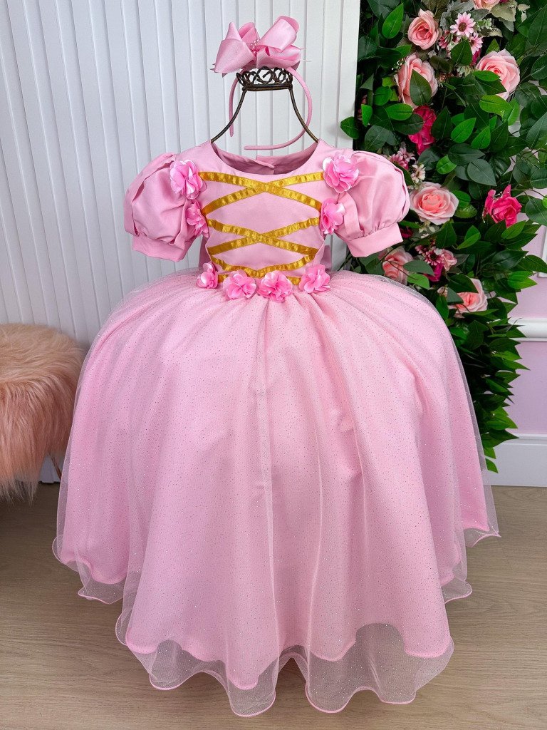 Vestido Bella Child/Fantasia Longa Princesa Rosa Bebe