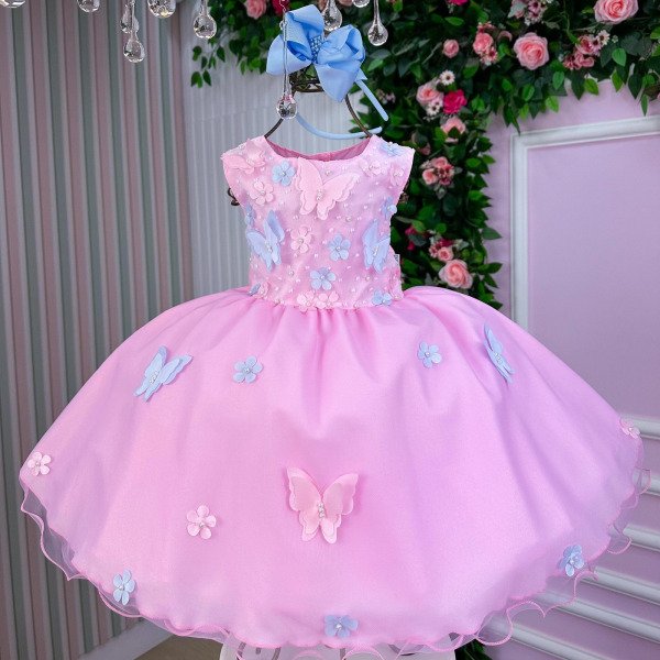 Vestido Marie Jardim das Borboletas Rosa Bebe Viviane