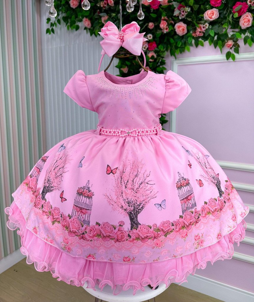 Vestido Infantil Menina Bonita Bosque Encantado Rosa