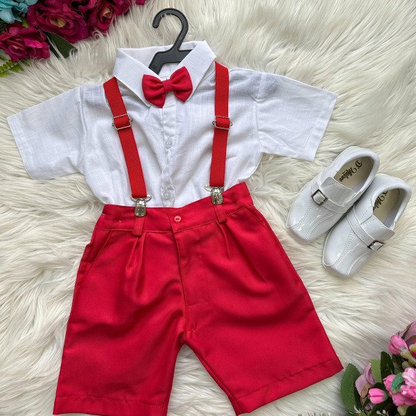 Conjunto Miss Cherry Henry Camisa Branca Suspensório Vermelh