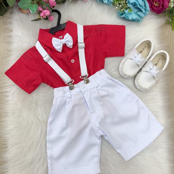 Conjunto Miss Cherry Henry Vermelho Suspensorio Branco