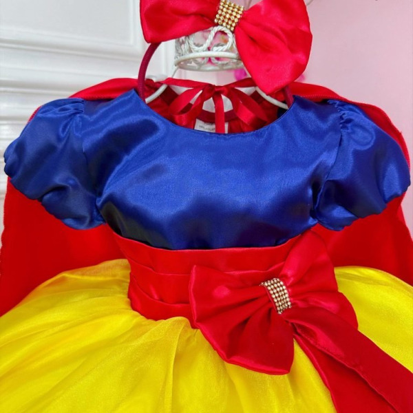 Vestido Fantasia Infantil Branca de Neve Capa e Tiara e Luva