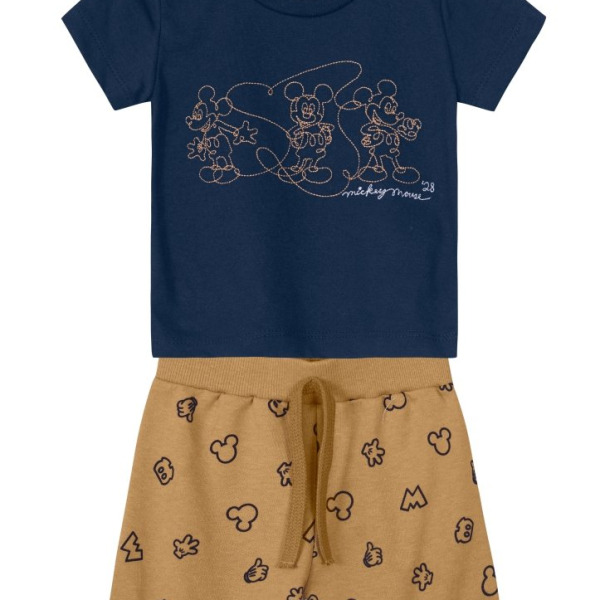 Conjunto bebê menino Disney Mickey Mouse de Camiseta Meia Malha alto relevo Bermuda Moletinho licenciado – tamanho P M G