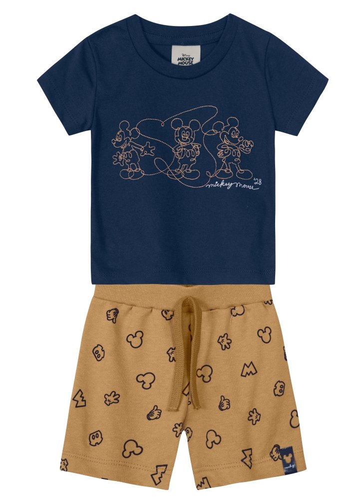 Conjunto bebê menino Disney Mickey Mouse de Camiseta Meia Malha alto relevo Bermuda Moletinho licenciado – tamanho P M G