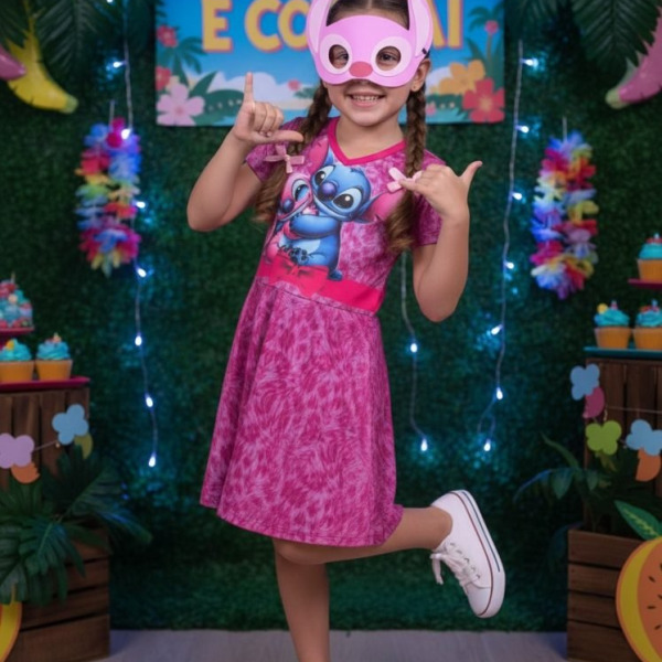 Fantasia Menina Stitch e Angel Rosa