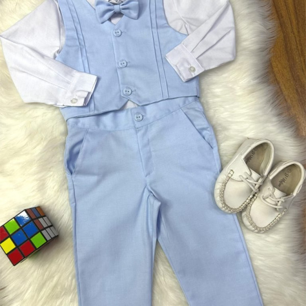 Conjunto Social Pajem Camisa Branca Calça e Colete Azul Claro