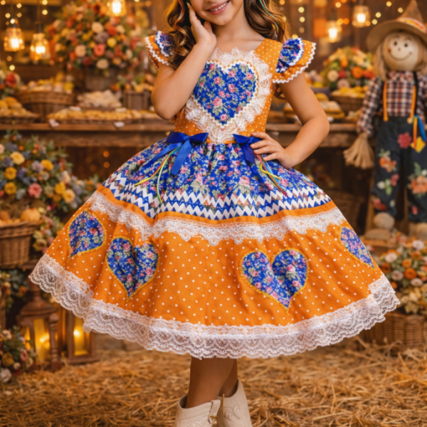 Vestido Infantil Junino Arraiá Laranja Colorido Luxo Festas