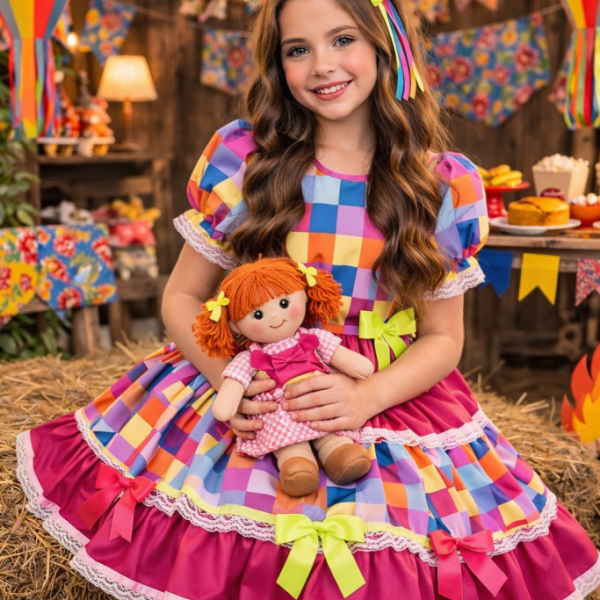 Vestido Infantil Junino Arraiá Pink Colorido Xadrez Laços