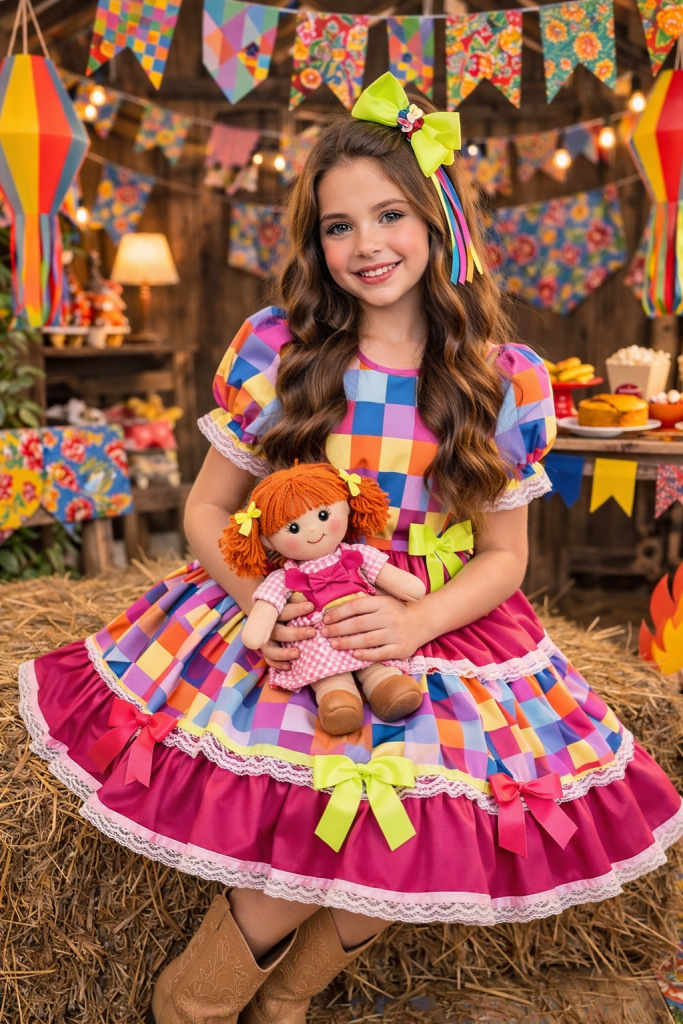 Vestido Infantil Junino Arraiá Pink Colorido Xadrez Laços