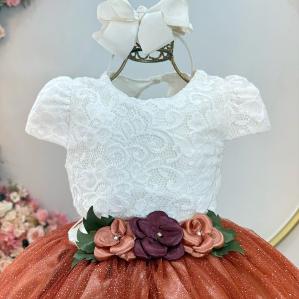 Vestido Infantil Longo Off White Saia Terracota Daminhas