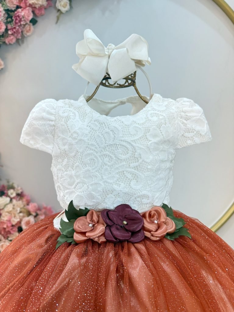 Vestido Infantil Longo Off White Saia Terracota Daminhas