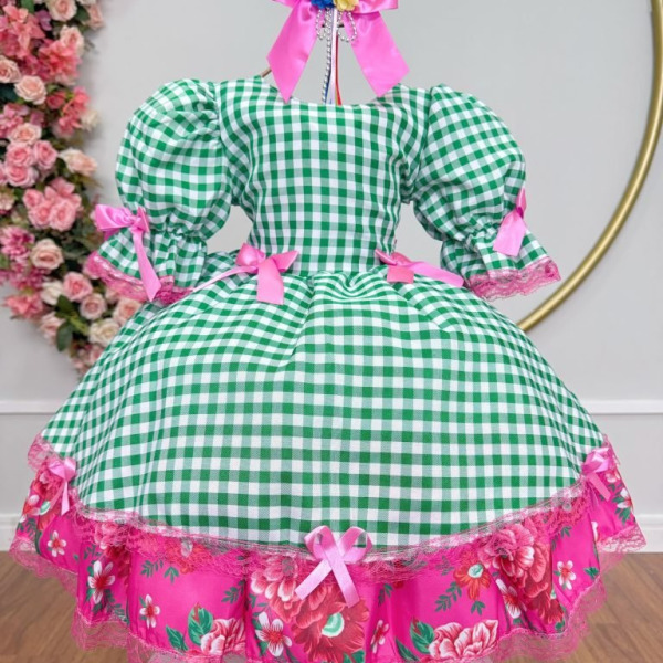 Vestido Infantil Junino Arraiá Caipira Xadrez Verde Florido