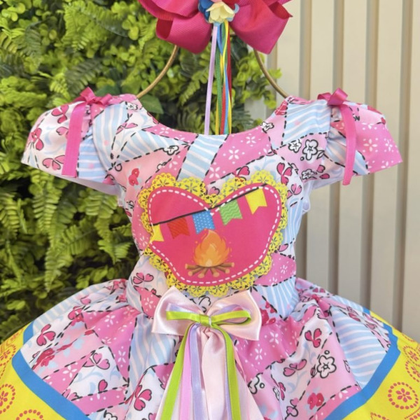 Vestido Infantil Junino Caipira Arraiá Festas Rosa e Azul