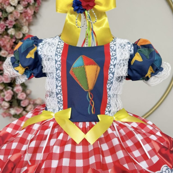 Vestido Infantil Junino Caipira São João Azul Xadrez Colorido