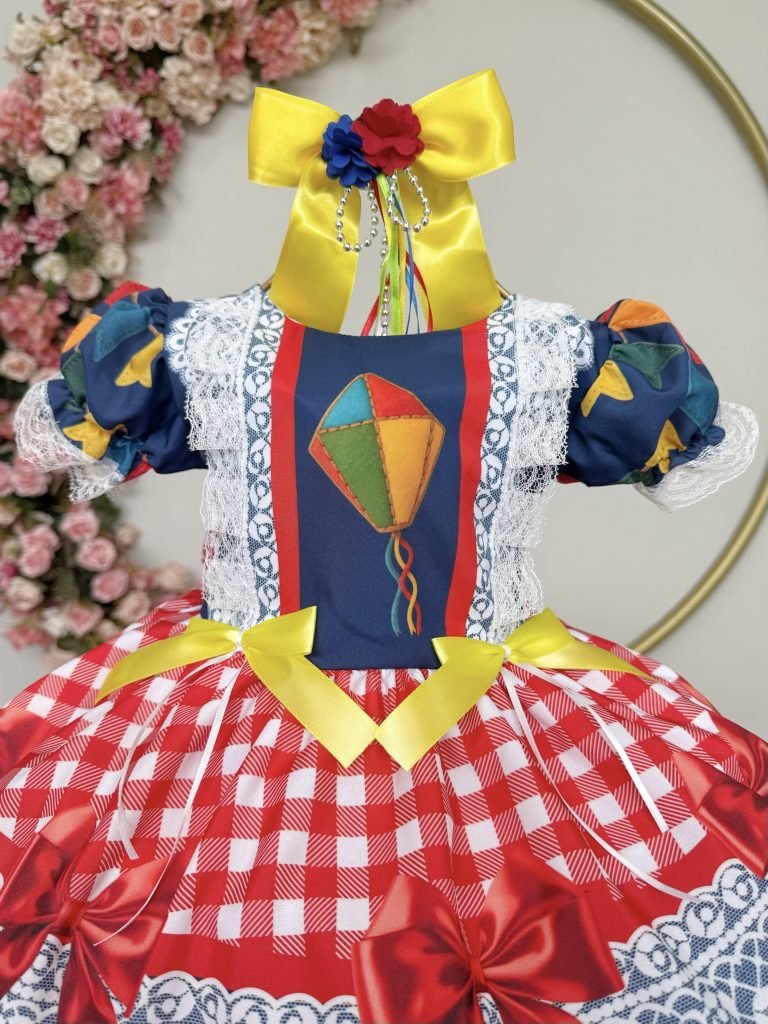 Vestido Infantil Junino Caipira São João Azul Xadrez Colorido