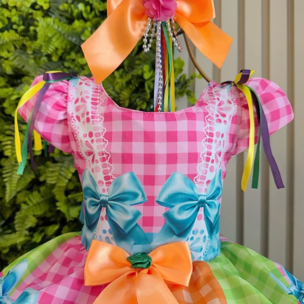 Vestido Infantil Junino Caipira Arraiá Rosa Colorido