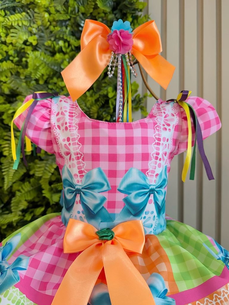 Vestido Infantil Junino Caipira Arraiá Rosa Colorido