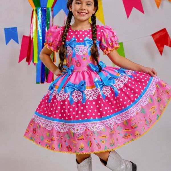 Vestido Infantil Junino Arraiá Rosa Chiclete Festa São João
