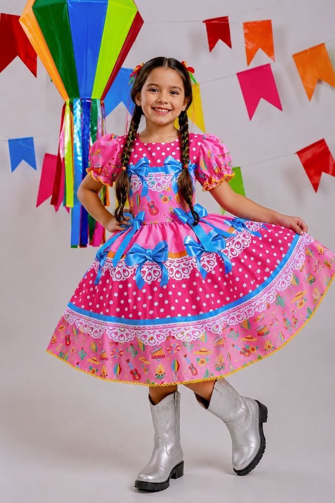 Vestido Infantil Junino Arraiá Rosa Chiclete Festa São João