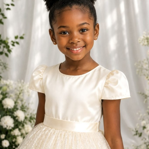 Vestido Infantil Marfim Longo de Princesa Brilhante e Mangas