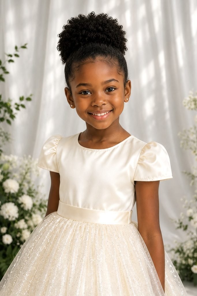 Vestido Infantil Marfim Longo de Princesa Brilhante e Mangas