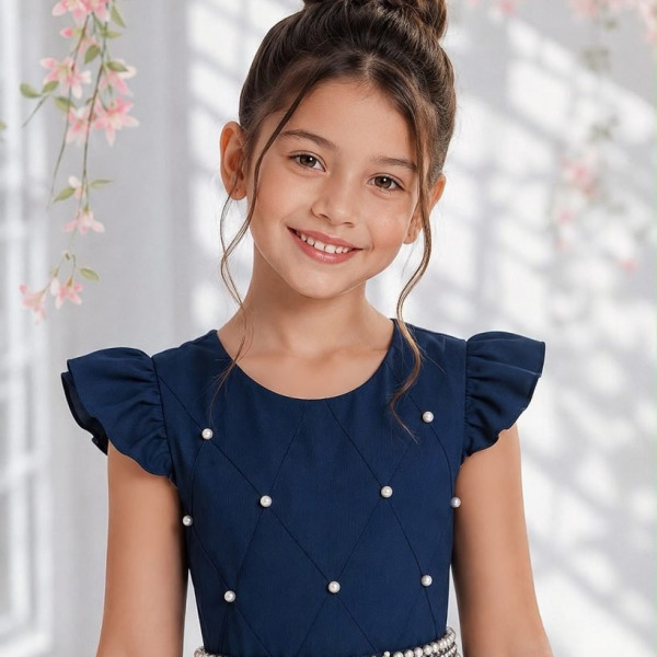 Vestido longo Daminhas, Infantil Azul Marinho em Poliéster, Nervura com Pérolas Cinto Luxo