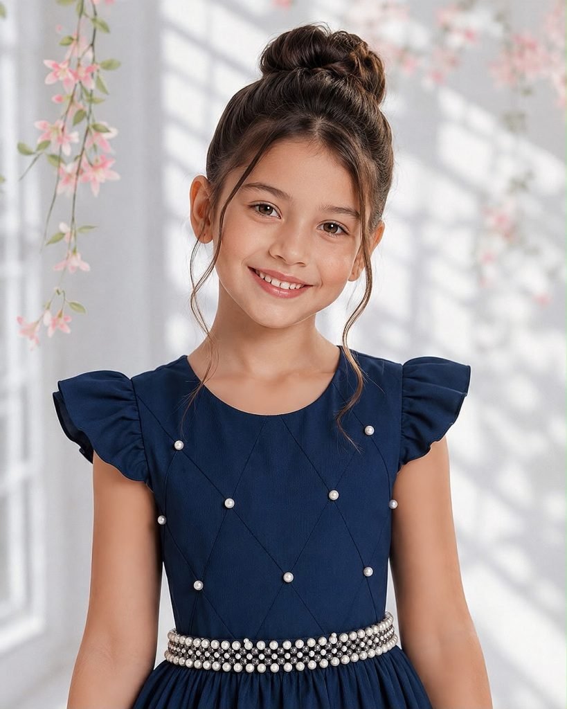 Vestido longo Daminhas, Infantil Azul Marinho em Poliéster, Nervura com Pérolas Cinto Luxo