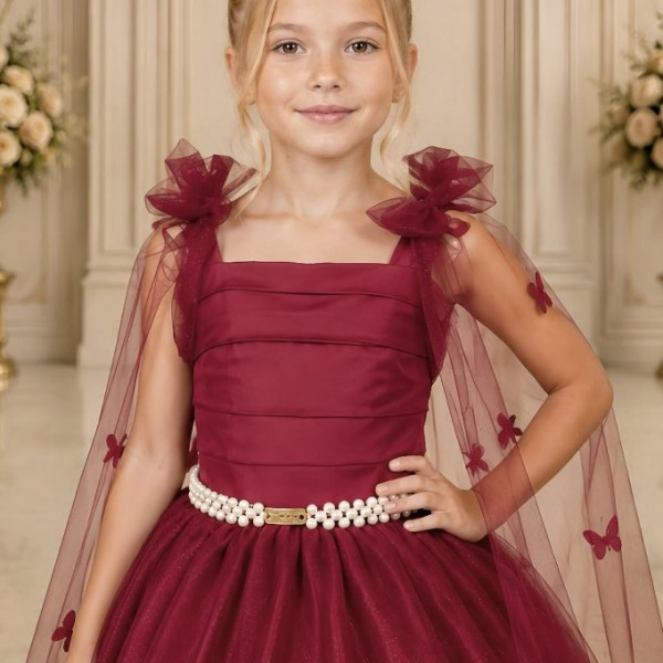 Vestido Infantil Longo Marsala C/ Aplique de Borboletas Festas