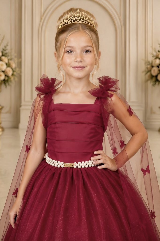 Vestido Infantil Longo Marsala C/ Aplique de Borboletas Festas