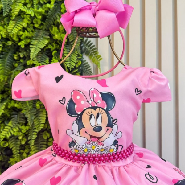 Vestido Infantil Rosa de Festa para Menina com Corações e Margaridas
