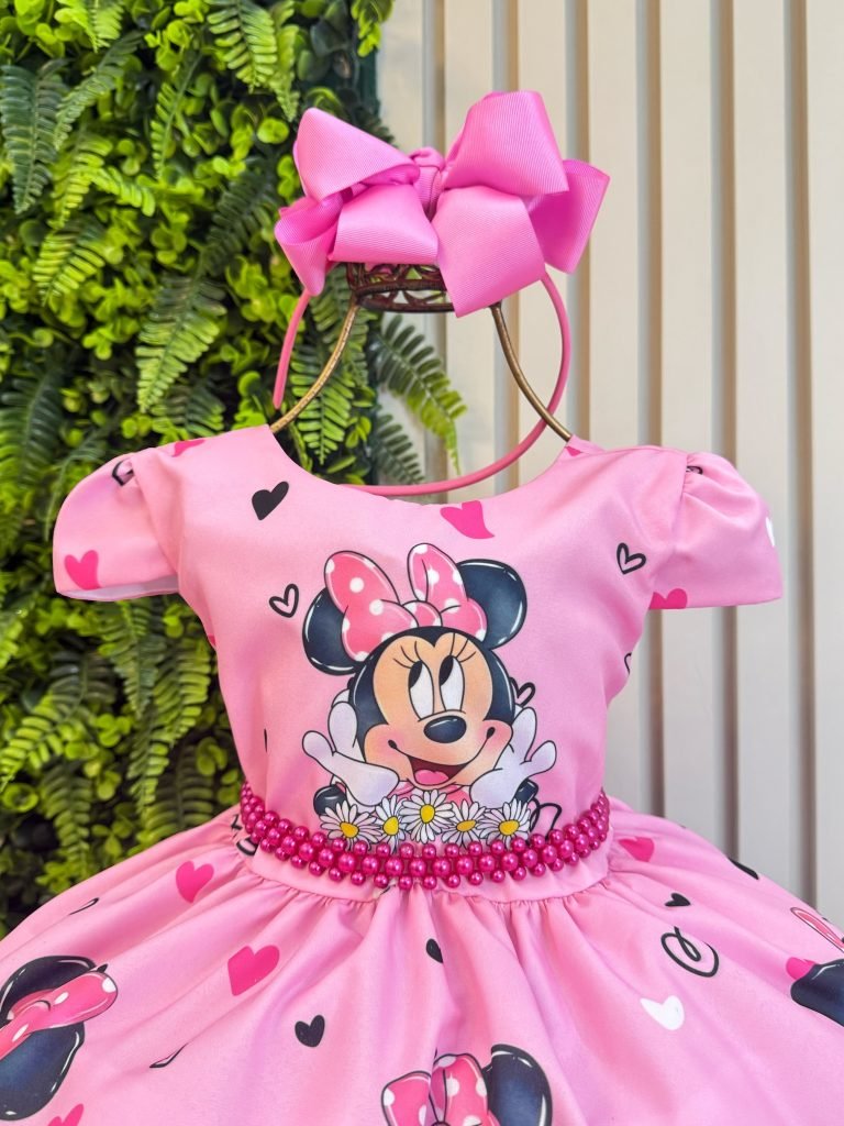 Vestido Infantil Rosa de Festa para Menina com Corações e Margaridas
